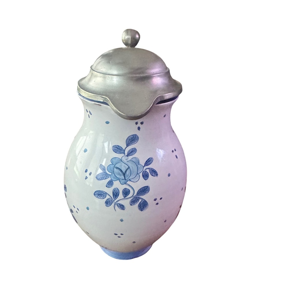 Handarbeit German Blue White Floral Ceramic Pitcher Hinged Pewter Lid Vintage 7"